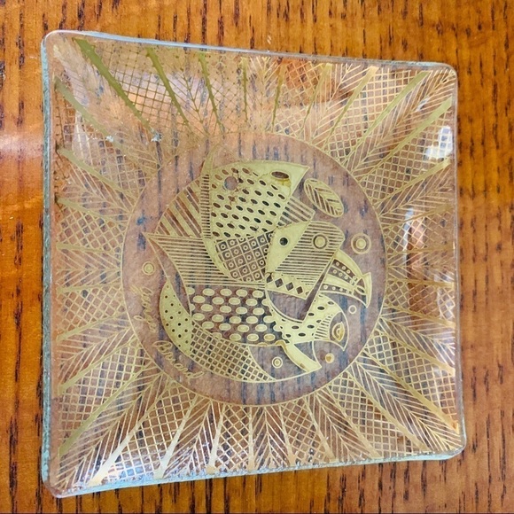 Mid Century Georges Briard Gold Etched Boxed Glass Plate Set | Set of 4 | Birds - Picture 6 of 8